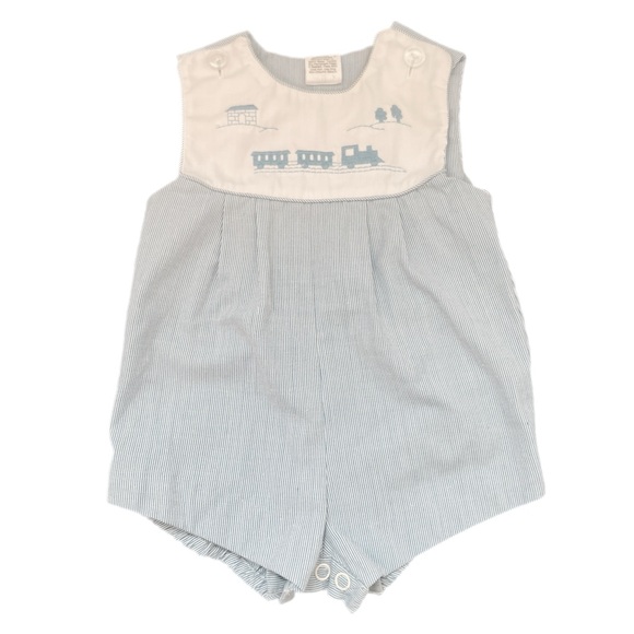 Vintage Baby Blue Striped Romper with Train Embroidery - 3-6M - Picture 1 of 6